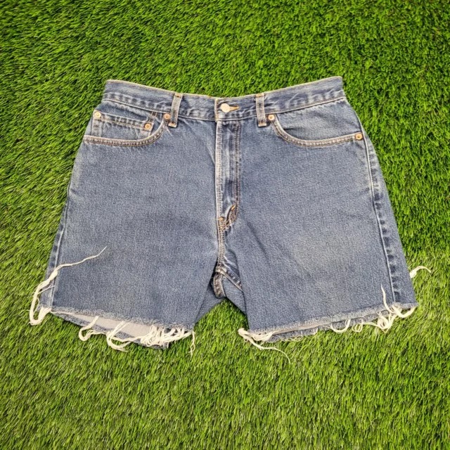 Vintage 2003 LEVIS Distressed Cutoff Jeans Shorts 32x4 Medium-Wash Raw-Hem USA