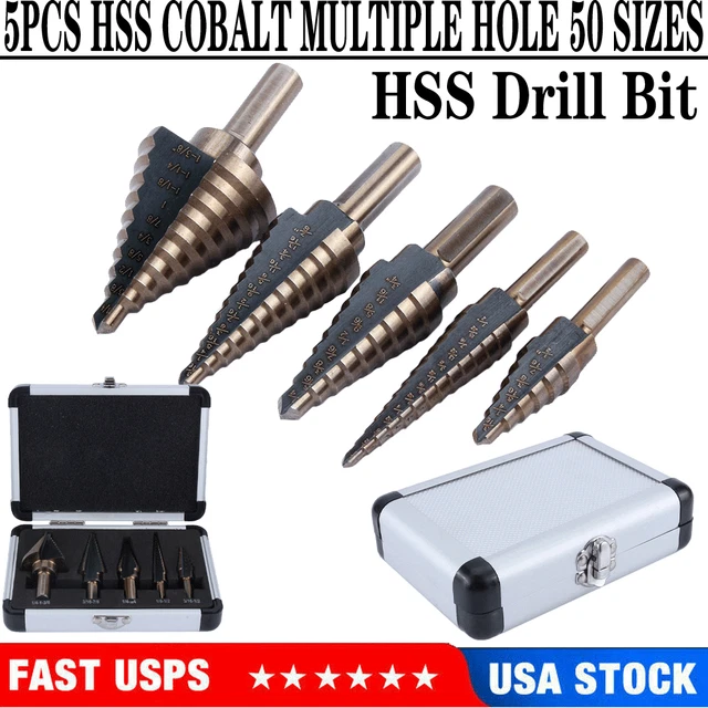 5pc HSS Cobalt Multiple Hole 50 Sizes Step Drill Bit Set Tool with Aluminum Case