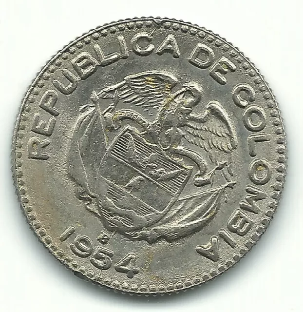 High Grade Au 1954 B Colombia 10 Centavos Die Cracks/Date Doubling Coin-Agt670