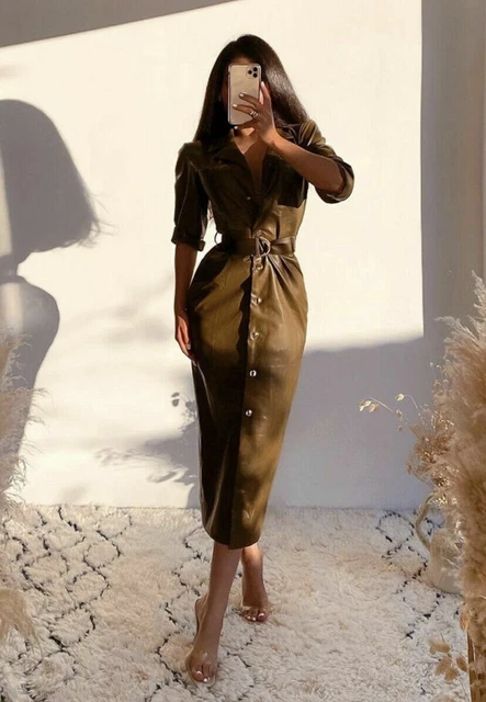 green emerald velvet dress ZARA. Long faux leather shirt dress. XS (S) – Hibuy market