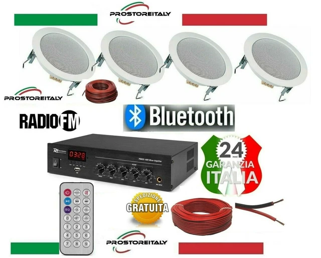 Impianto Audio Bluetooth 4 Casse Bianche + Amplificatore Fenton - Kit Completo Con 50m Cavo Per Casa E Locali - Foto 5
