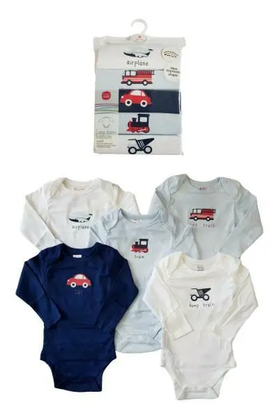 Baby Boys Ex Store 5 Pack Cotton Long Sleeve Bodysuits Vests Rompers