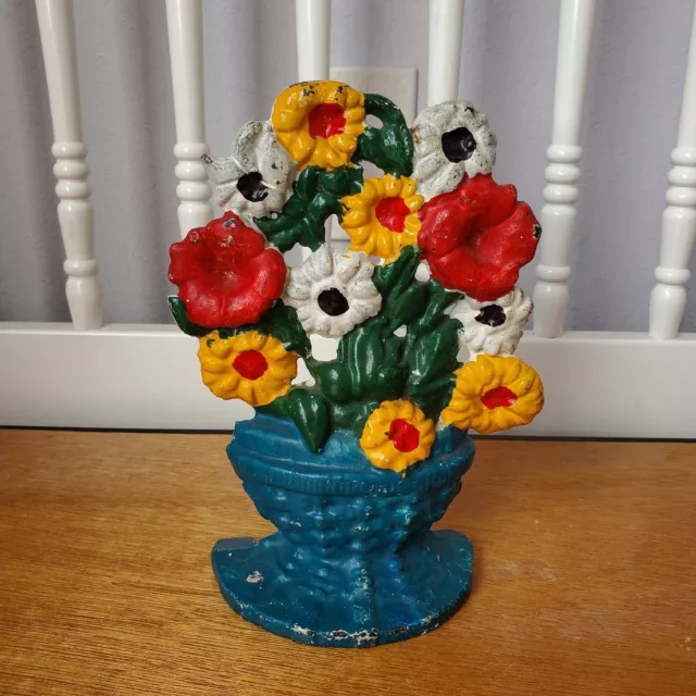 Cast Iron Flower Basket Small Doorstop Bookend 6" X 8.5" Multicolor Decorative