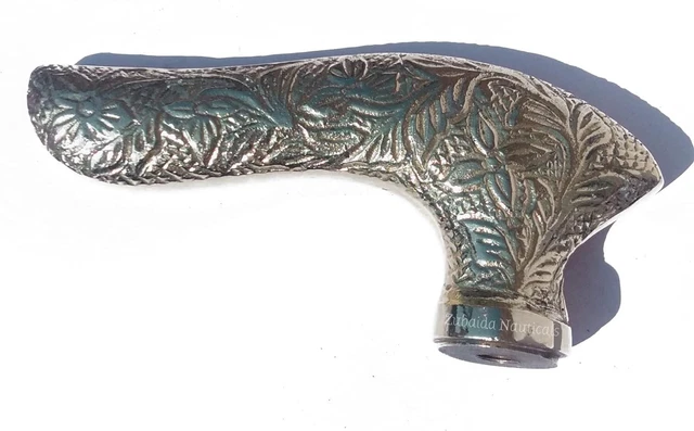 Antique Embossed Designer Brass Walking Stick Handle in Golden Color Handmad.