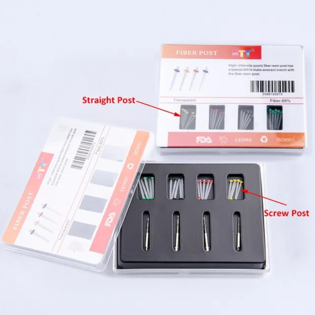 Dental Resin Quartz Fiber Post Endo Thread Screw + Straight Post & 4 Drills Kit
