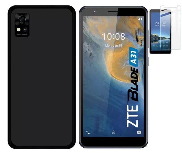 Funda ZTE Blade A31 4G Negra Tpu Silicona Gel Lisa + Protector Cristal Templado