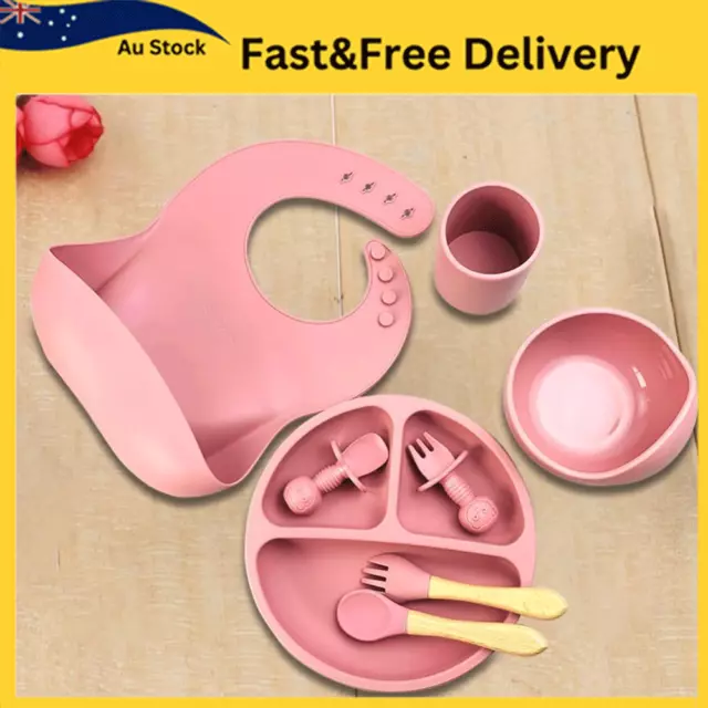 8PC/Set Silicone Baby Feeding Tableware Bowl Plate Spoon Fork Straw Brush Bib AU