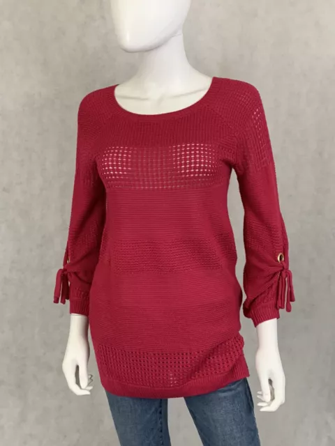 New York and Company tie sleeves Womens Fuschia Boatneck open Knit Sweater SMALL