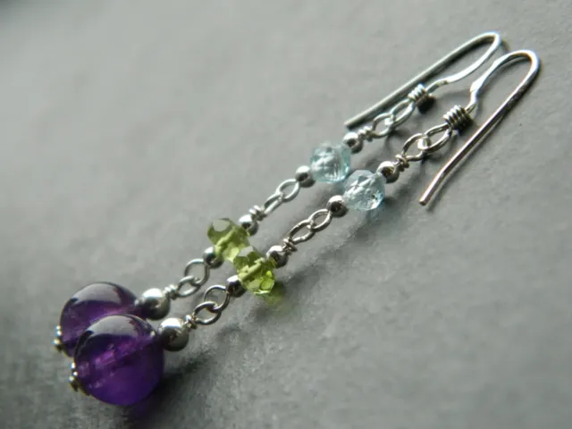 Amethyst, Peridot & Sky Blue Topaz Gemstones, Solid 925 Sterling Silver Earrings