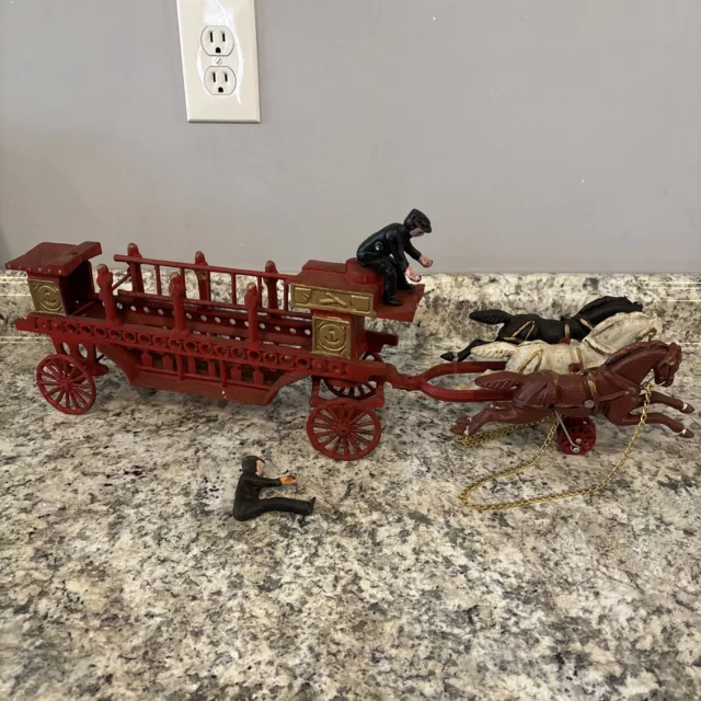 Vintage Large 25” Cast Iron Fire Hook & Ladder - Fire Truck 3 Horse Drawn Wagon