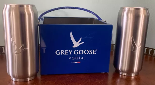 Set of 2 Insulated Stainless Steel Grey Goose Vodka Slim Can Tumblers in Carrier