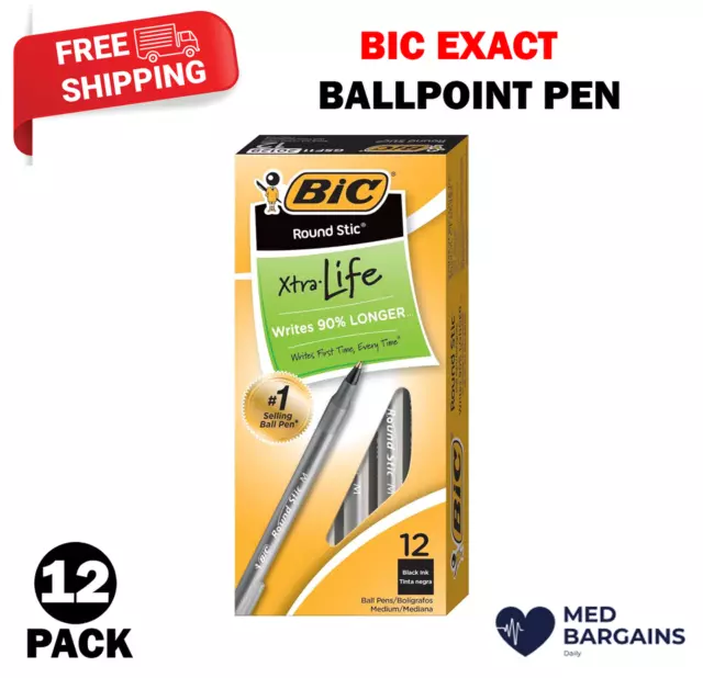 BIC Round Stic Xtra Life Ballpoint Pen Medium Point 1.0mm Black - 12 Pack