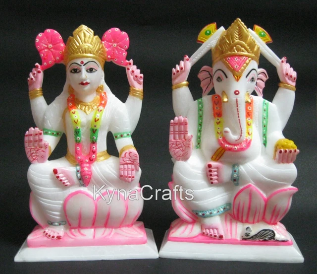 9 INCHES MARBLE Ganpati Bappa Statue Hand Carving Work Maa Laxmi and ...