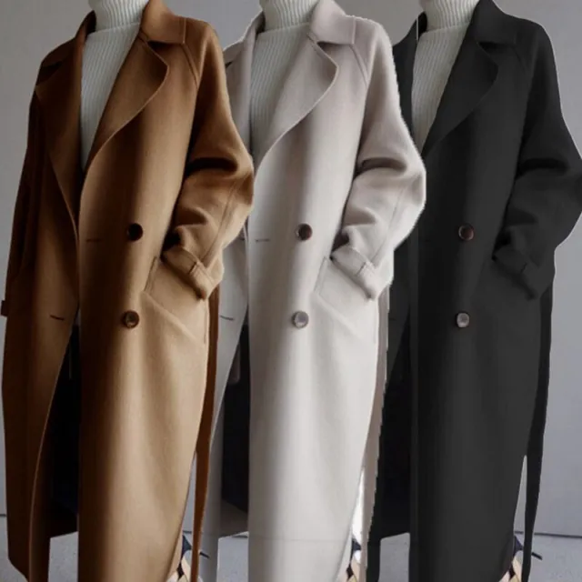 Oversize Blend Cashmere Wool Belt Outwear Coat Trench Lapel Womens Jacket Parka