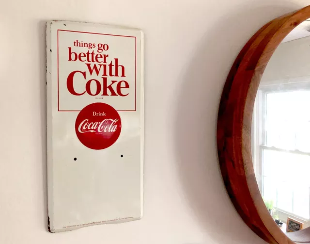 Vintage 60s Coca Cola Embossed Metal Wall Sign Things Go Better With Coke 15"