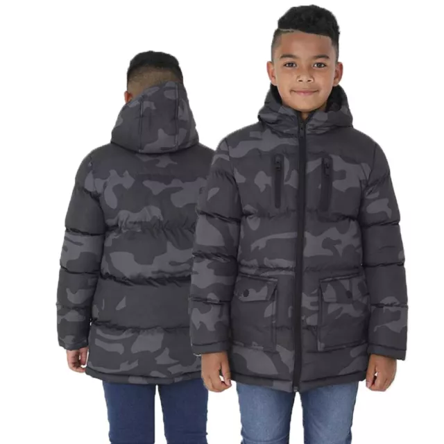 Boys Brave Soul Oakwood Camo Hooded Puffer Padded School Jacket
