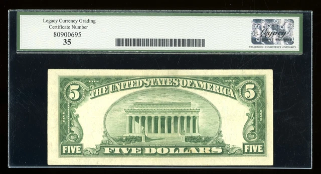 DBR 1934-D $5 Silver Fr. 1654Wi Wide I UA Block Legacy 35 Serial U74758410A 2