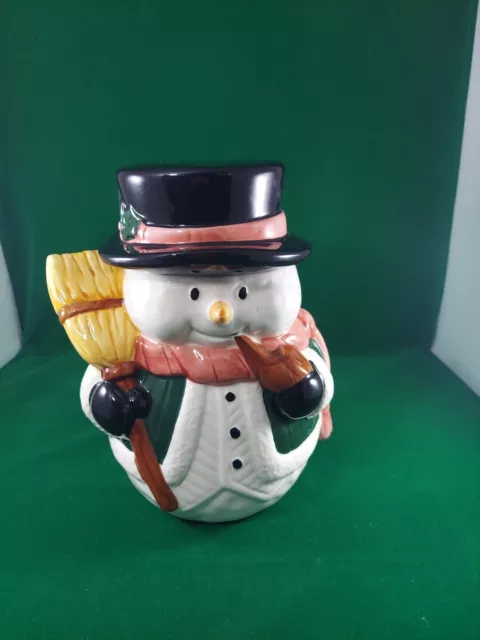 Vgt. Cookie Jar Frosty Snowman Winter Christmas Porcelain Hat Broom Pipe. China