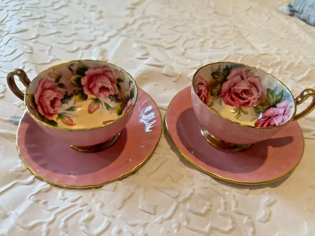 2-Aynsley Cabbage Roses Pink Cup And Saucer Set  Gold Handle & Rims England