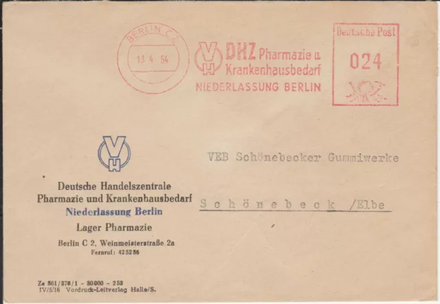 Firmenbrief mit Freistempel / AFS Berlin C 2, DHZ Pharmazie / Krankenhaus, 1954