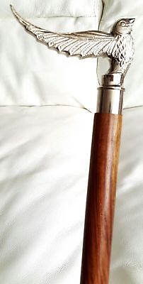 Design Silver handle BrownClassic Style Brass Bird Wooden Walking Stick Cane