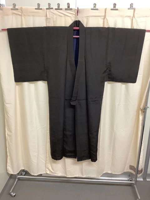 Japanese Vintage Kimono pure silk dark brown tradition length 53.54 inch used