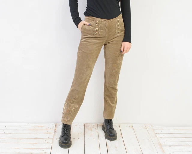 Landhaus Donna S Beige Camoscio W30 Pelle Pantaloni Trachten Jager Janker Vtg