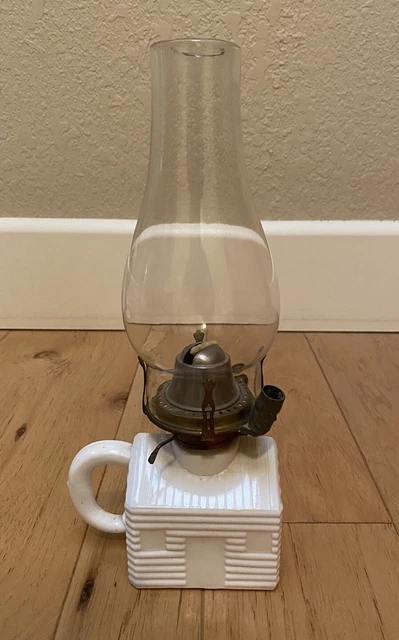 Rare Antique 1868 White Milk Glass Atterbury Log Cabin Oil Kerosene Lamp 11.5”