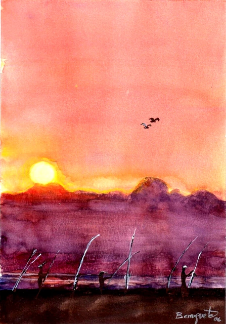 Acuarela de BERRUGUETE, “Pescadores final del día”Aquarelle, Aquarel  GRAN OFERT