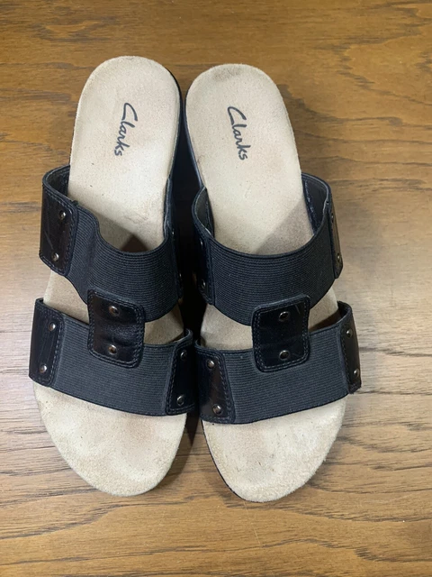 Clarks Sandals Womens 7 M Casual Comfort Slip On Wedge Slide Black Leather
