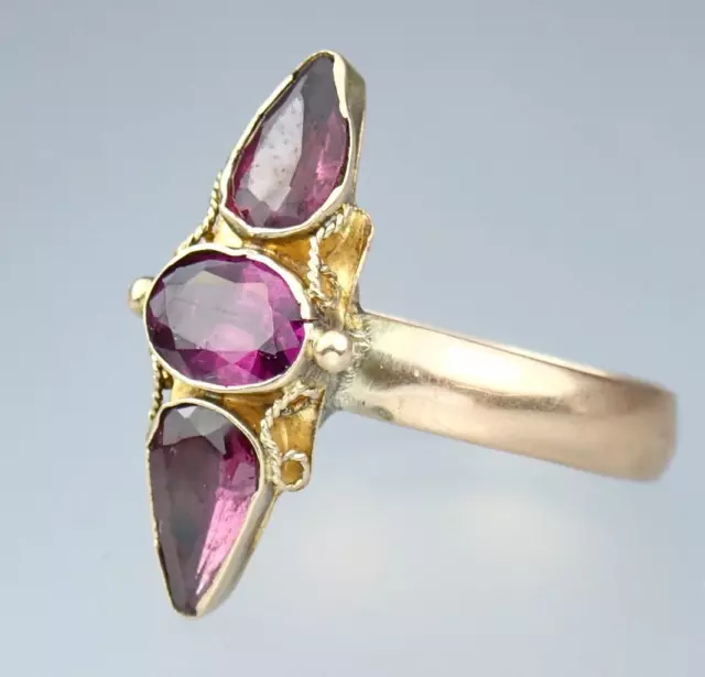 Lovely Antique Victorian 14K & 9K Rose Gold Teardrop Foiled Pink Garnet Ring 9.5 2