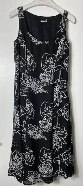 DEBENHAMS Black White Floral Chiffon Midi Dress Size UK 10 Petite