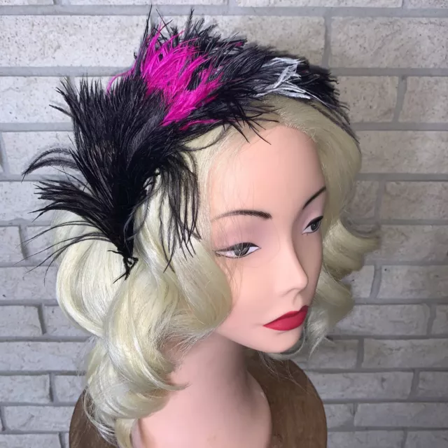 Ooak Hand Made Taissa Lada Black White Hot Pink Ostrich Feather Headband Drag