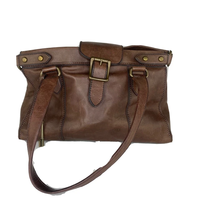 Fossil Vintage Revival Satchel Brown Leather Shoulder Handbag Medium Sized