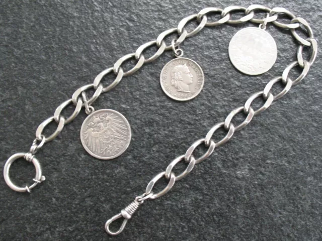 Taschenuhrkette Silber Uhrkette Vintage mit 3 Silbermünzen Anhängern