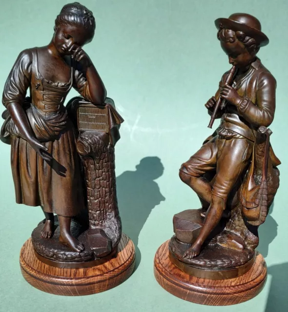 A Pair Of Victorian Cast Bronze Figures Girl & Boy Musician Very Heavy Not Resin