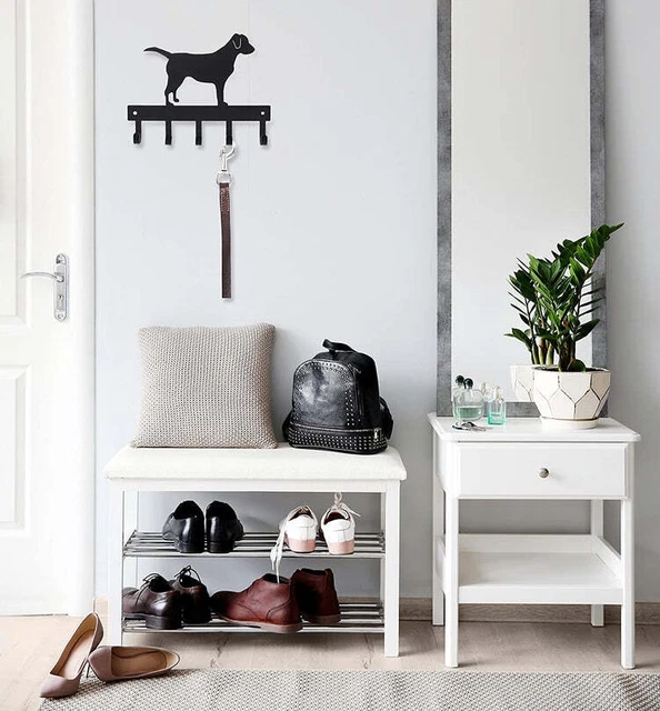 Wall-Mounted Key & Dog Leash Holder w/ 5-Hooks & Black Metal Labrador Silhouette