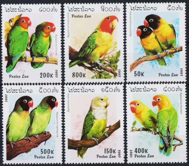 Laos 1997 Love Birds Lovebirds Parrots Nature Wildlife 6v set MNH