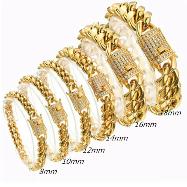 Men's Gold Plated Stainless Steel Curb Cuban Link Miami Chain CZ Bracelet