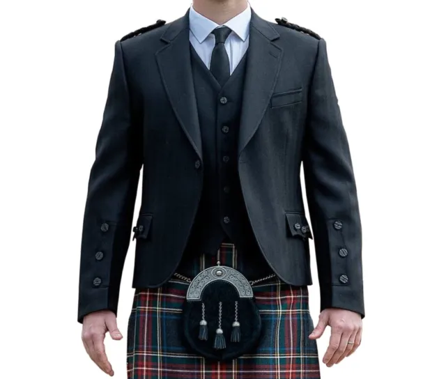 Mens Black Tweed Wool Argyle Kilt Jacket And Vest Scottish Wedding Kilt Jacket