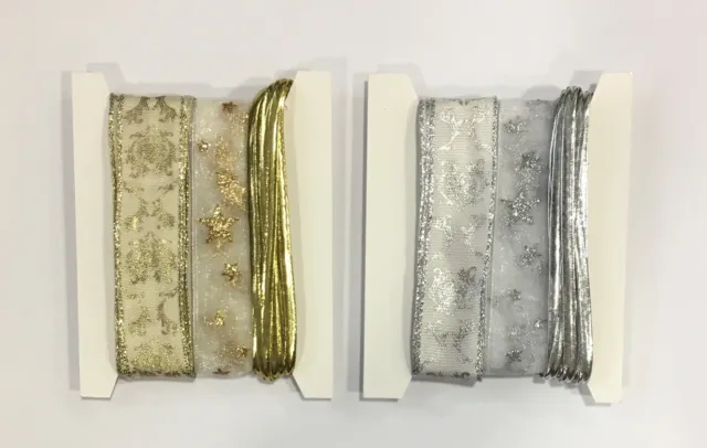 Verschiedene Weihnachtsbänder & Gummibänder - Karten 3x2M Längen Silber & Gold Pakete