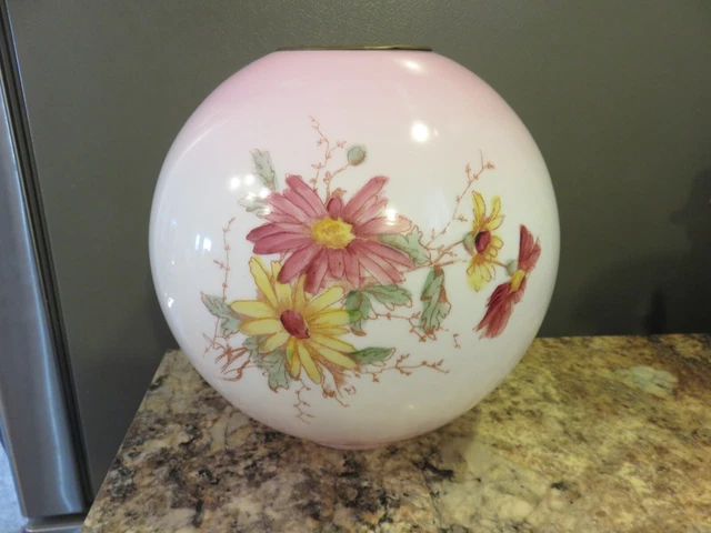 Pretty Antique Victorian Gwtw Parlor Oil Lamp Glass Shade Globe Pink W/ Flowers