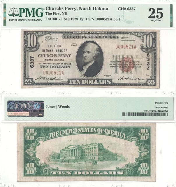 1929 $10 First National Bank Of Churchs Ferry, North Dakota PMG Very Fine-25