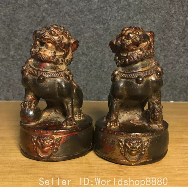 4.4" Old Chinese Bronze Fengshui Foo Fu Dog Guardion Lion Statue Sculpture Pair