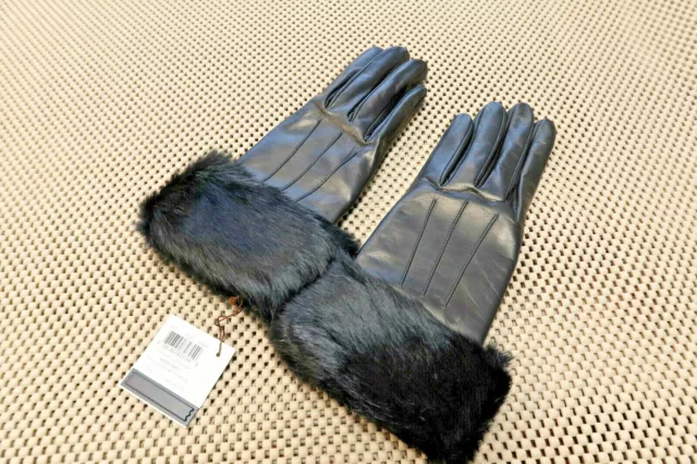 $228 Coach Womens Rabbit Fur Cuff Leather Merino Wool Lined Gloves BLACK Sz 7.5