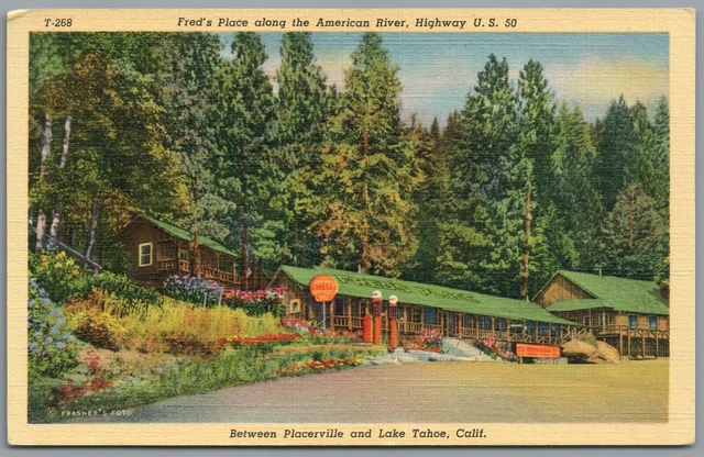 Postcard California CA Fred's Place American River Hwy Lake Tahoe Shell gas pump