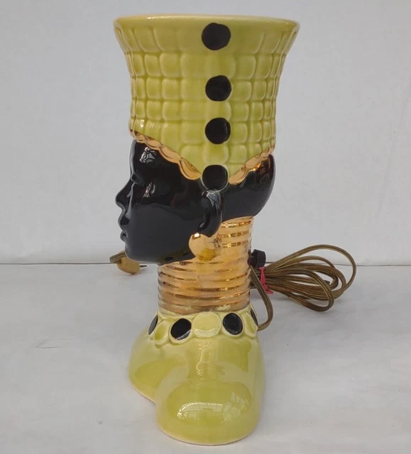 RARE Vtg MCM Ndebele AFRICAN Neck Rings Woman LAMP Head Bust 1950s CERAMIC Green