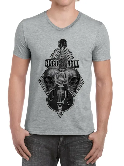 T-shirt uomo chitarra Skull rock n roll band collo a V