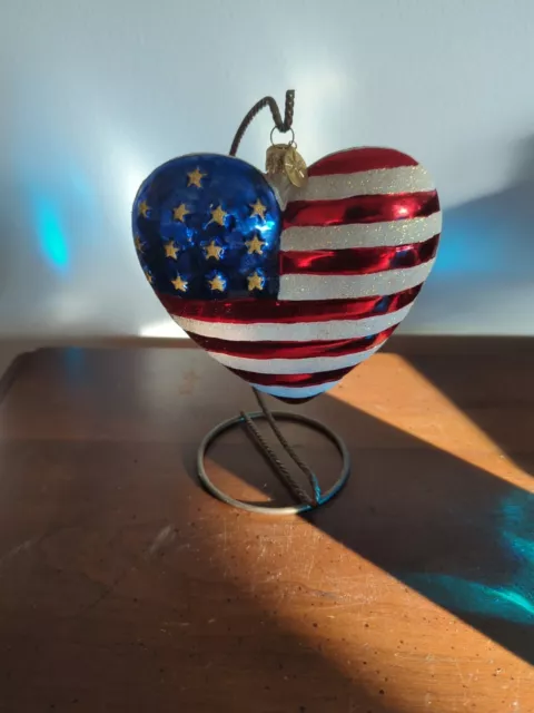 Christopher Radko American Flag Brave Heart Christmas Ornament With Metal Stand