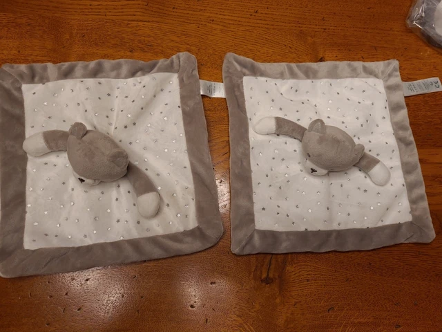 2 Doudou Obaibi  Chat Plat Gris Blanc Etoile Argente Parfait État